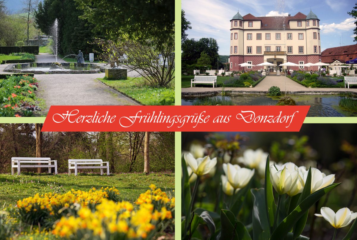 Frühlingspostkarte mit verschiedenen Ansichten aus dem Donzdorfer Schlosspark